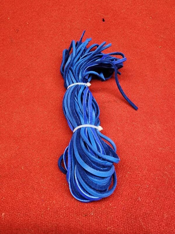 20240106_135701 Bundle of blue shoelaces on red background.