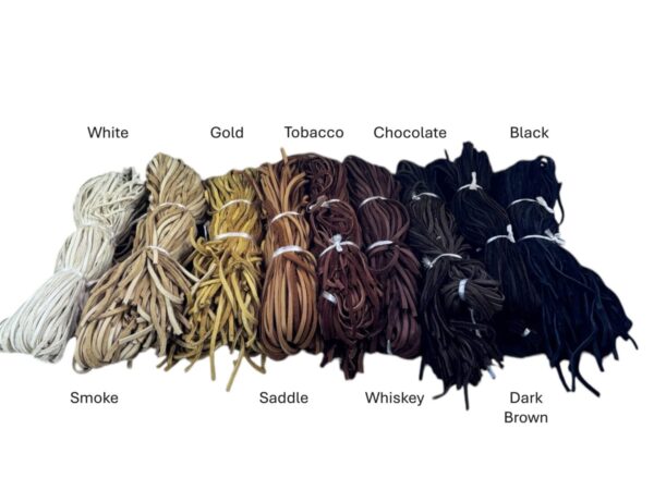 Various colored leather laces labeled by shade.