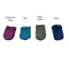 Colorful pouches: burgundy, teal, sage, navy.