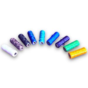 Colorful spools of thread arranged in arc.