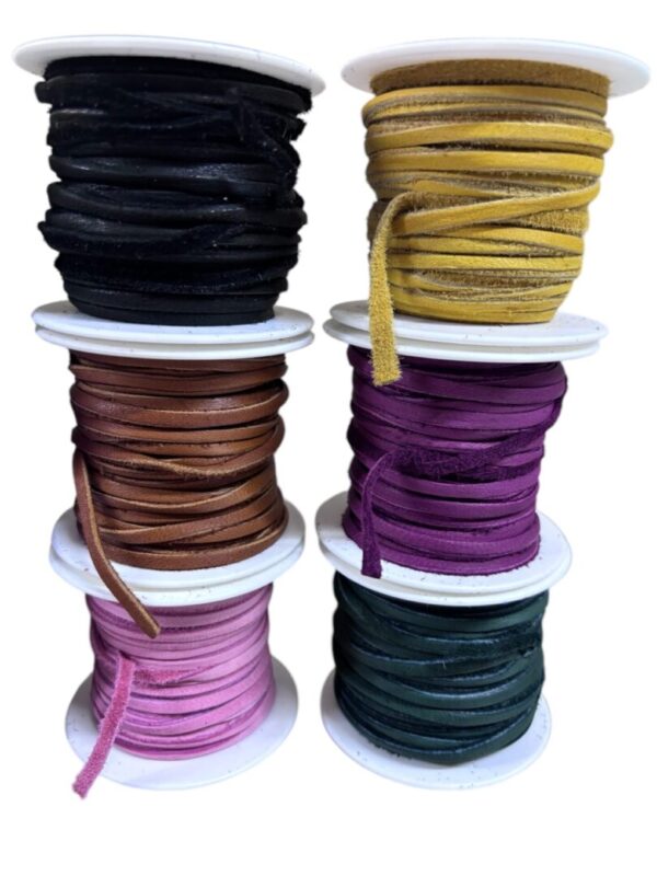 Colorful spools of ribbon stacked in rows.