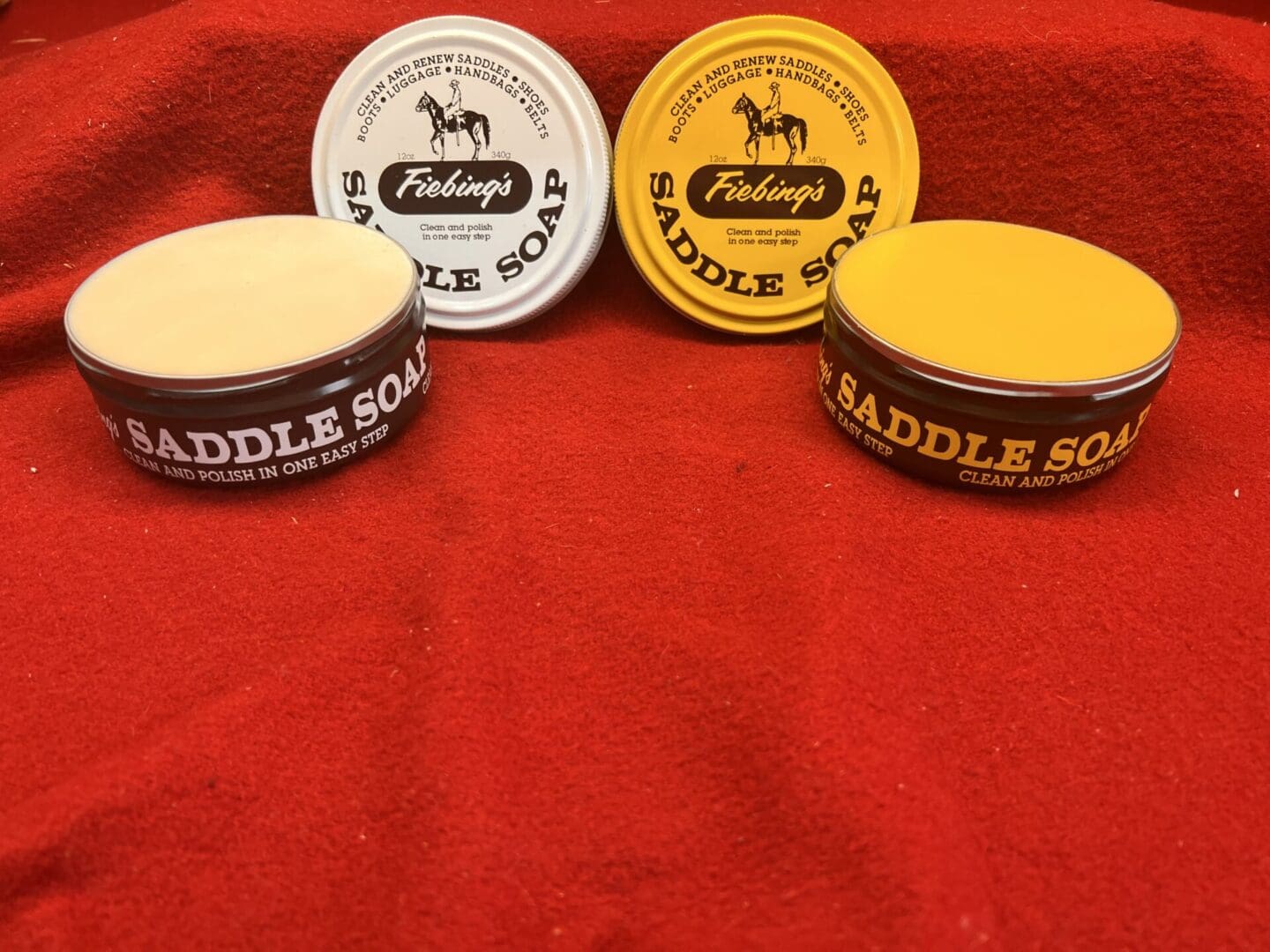 Containers of Fiebing’s saddle soap