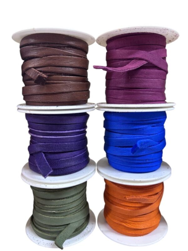 Colorful spools of ribbon stacked together.