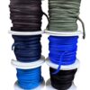 Spools of colored ribbon in various shades.