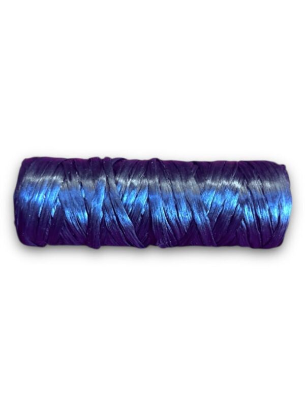 Blue iridescent ribbon spool on white background.