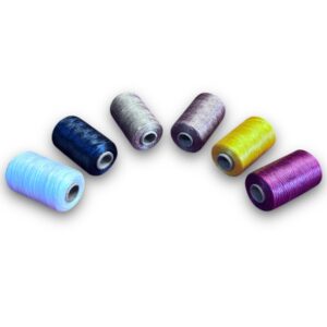 Colorful spools of thread on white background.