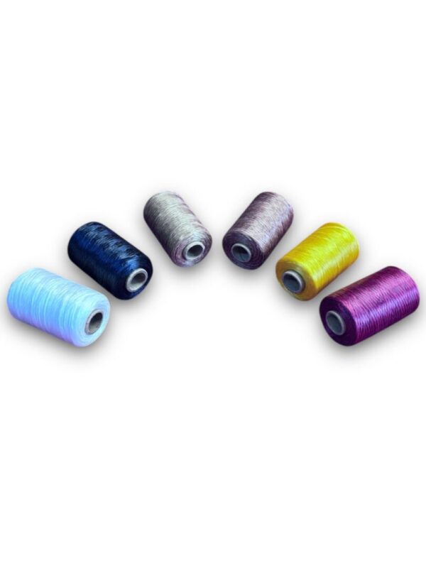 Colorful spools of thread on white background.