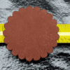 Brown scalloped circle on a yellow ruler.