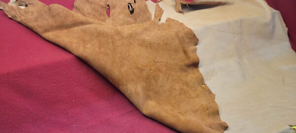 Tanned leather hides on red surface.