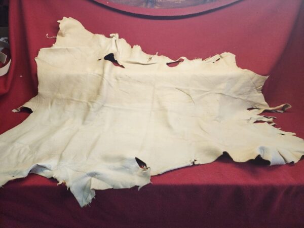 Piece of beige leather on red cloth.