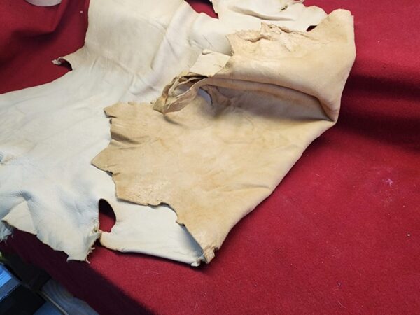 Tanned leather pieces on red fabric.