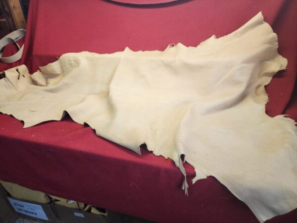 Tanned leather hide on red fabric surface.