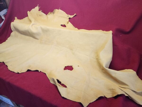 Yellow animal hide on red fabric background.