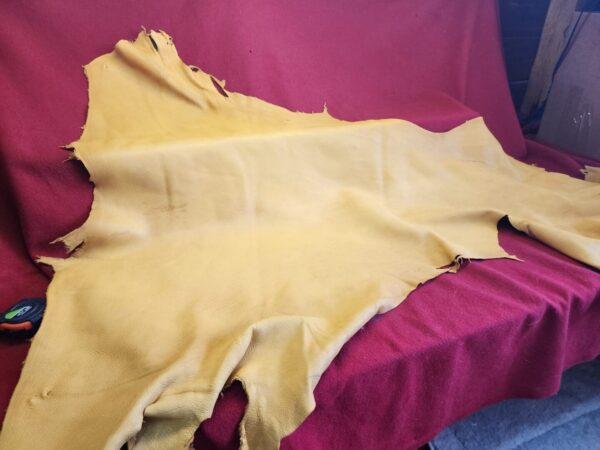 Yellow leather hide on red fabric background.