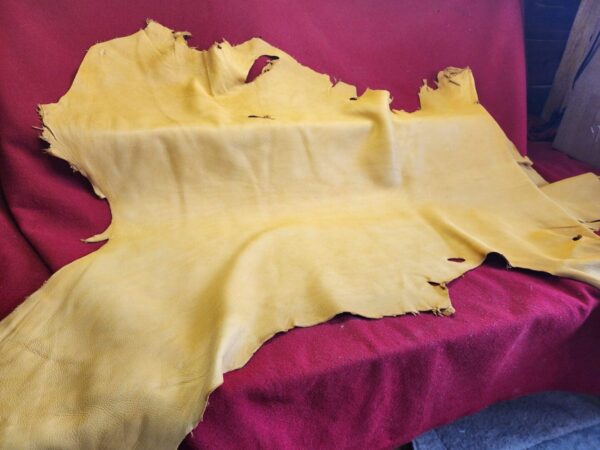 Yellow leather hide on red fabric background.