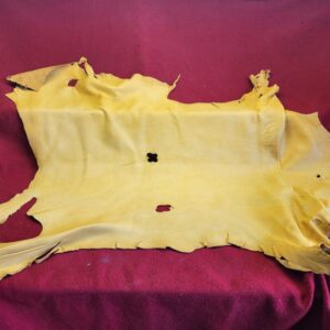 20231222_115422 Yellow leather hide on red fabric background.