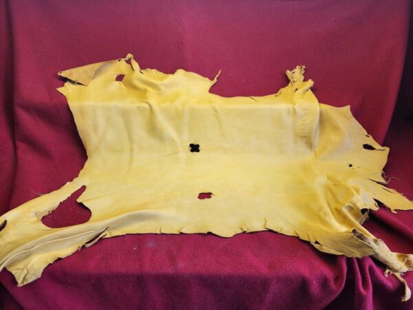 Yellow leather hide on red fabric background.