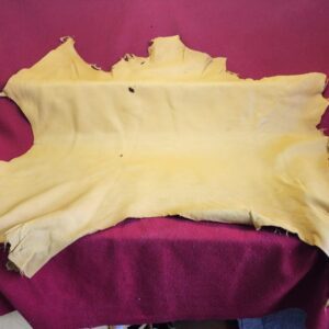 20231222_115557 Tanned leather hide on red fabric background.