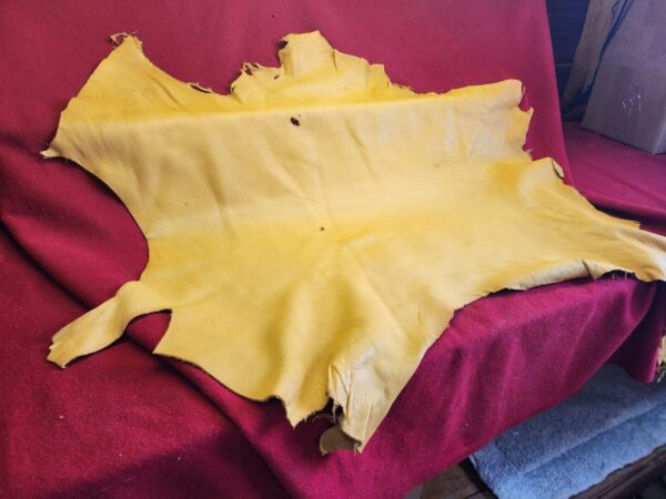 Yellow animal hide on red fabric background.