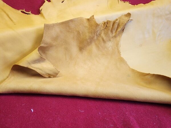 Tan leather hide on red fabric background.