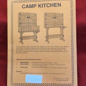 Camp kitchen woodworking plans on red background.