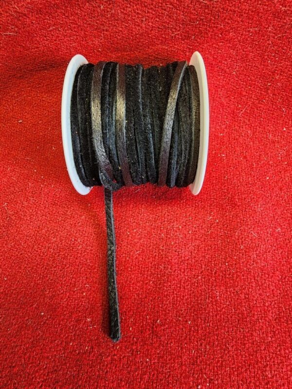 Spool of black ribbon on red fabric.