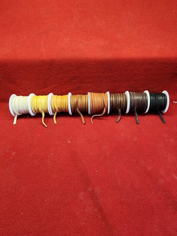 Colored threads on spools against red background.