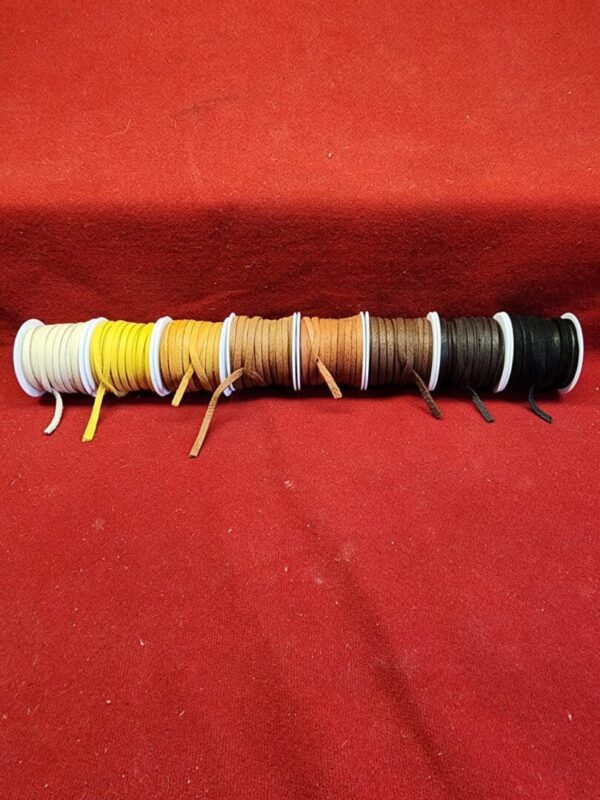 Colorful spools of cord on red background.