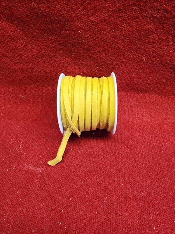 Yellow ribbon spool on red fabric background.