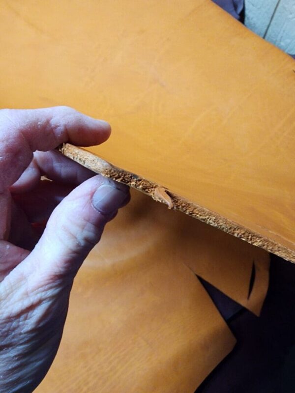 Hand holding thin wooden board edge.