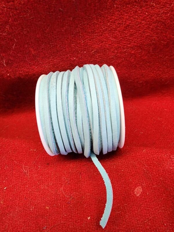 Light blue ribbon spool on red background.