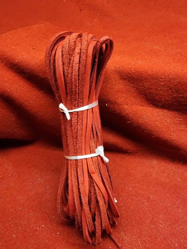 Red leather strips bundled with white ties.