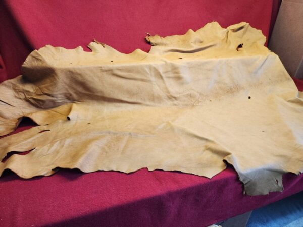 Leather hide draped over red fabric.