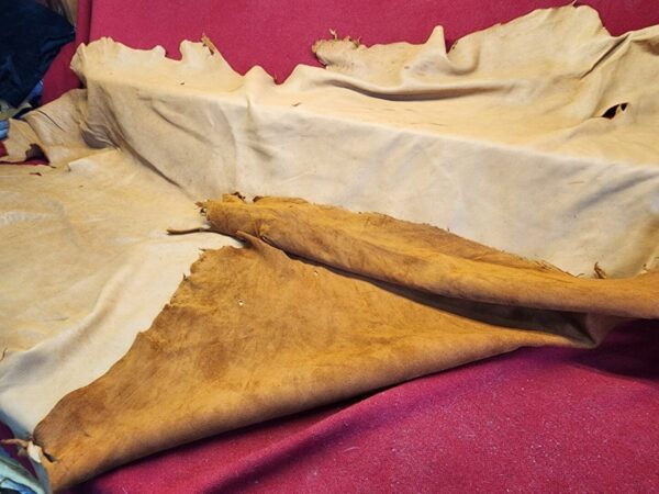 Tanned hides on a red surface.