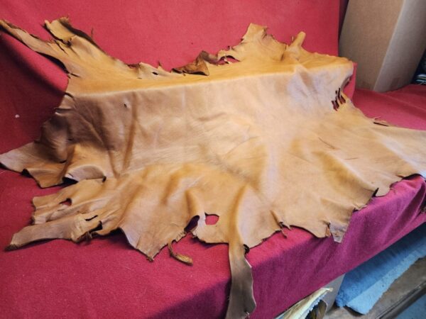 Tanned leather hide draped over red fabric.