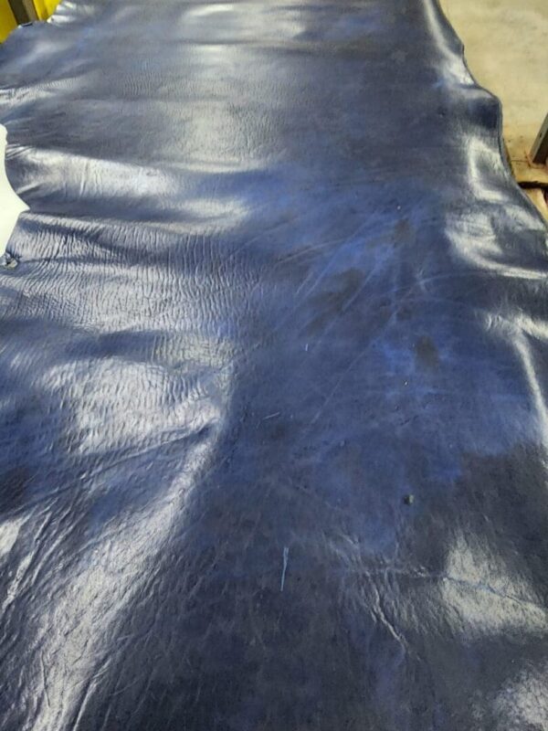 Blue leather hide on a flat surface.