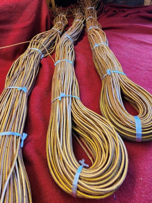 Coiled lengths of brown and yellow material.