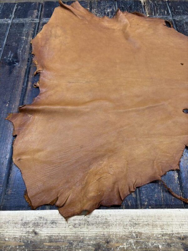 Brown leather hide on wooden surface.