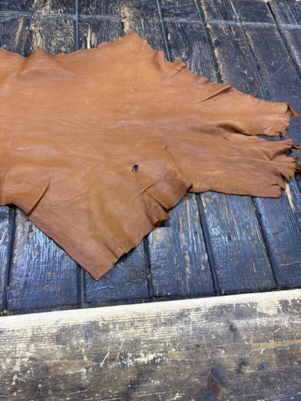 Brown leather hide on wooden surface.