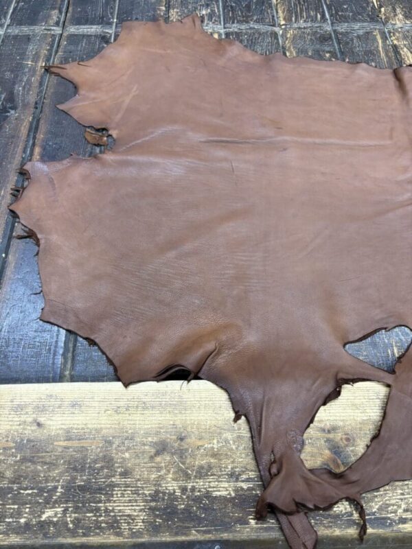 Brown leather hide on wooden surface.