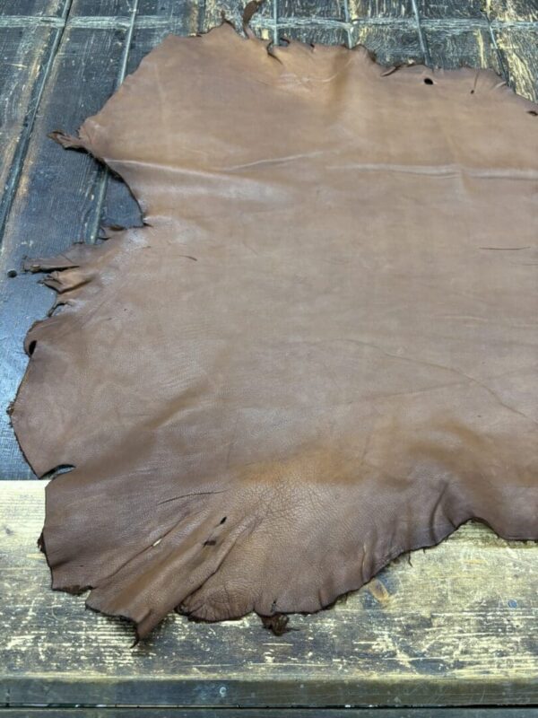 IMG_1905 Brown leather hide on wooden surface.