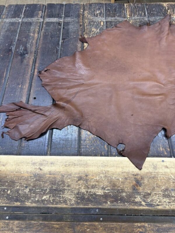 IMG_1909 Brown leather hide on wooden surface.