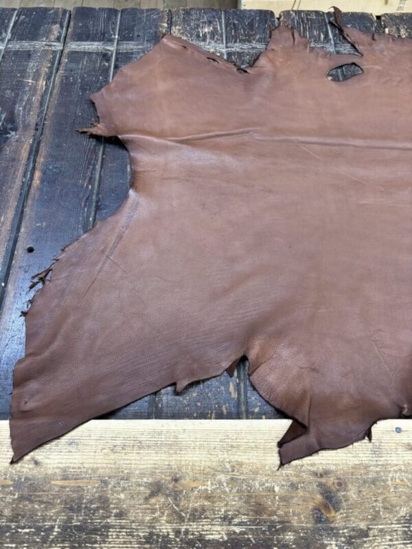 Brown leather hide on wooden surface.