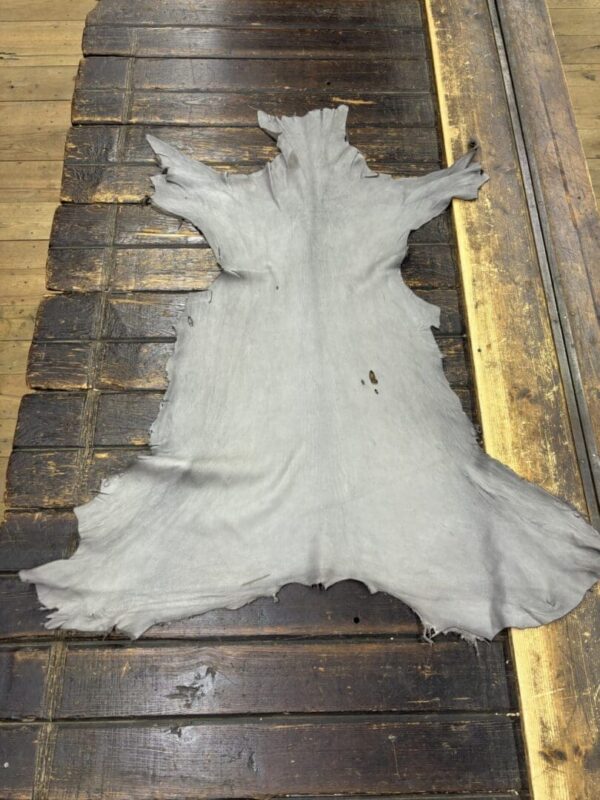 Gray animal hide on wooden surface.