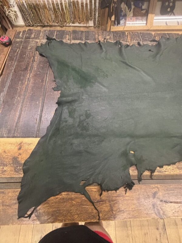 Green leather hide on a wooden surface.