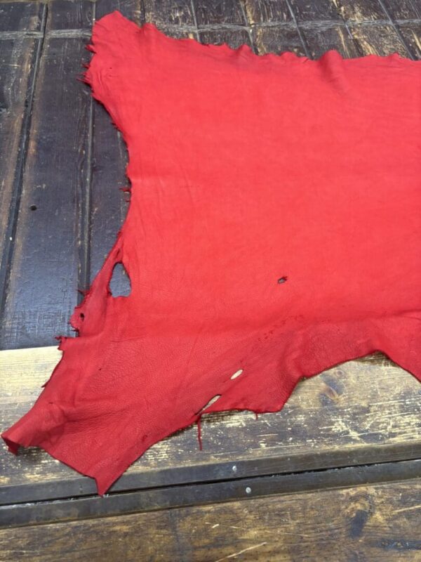 Red fabric with irregular edges and holes.