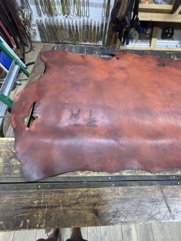 Leather hide on a wooden table surface.