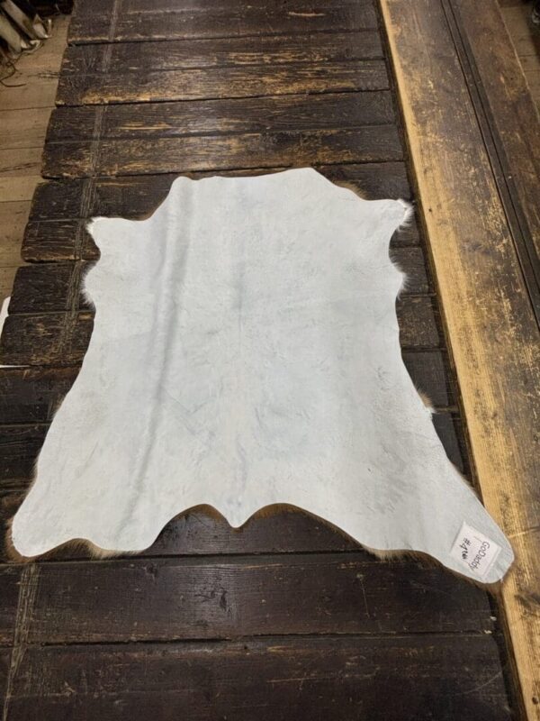 IMG_2643 White cowhide rug on wood floor.