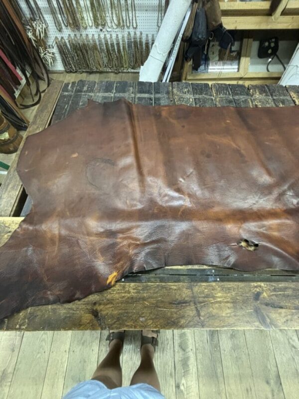 Large brown leather hide on wood.