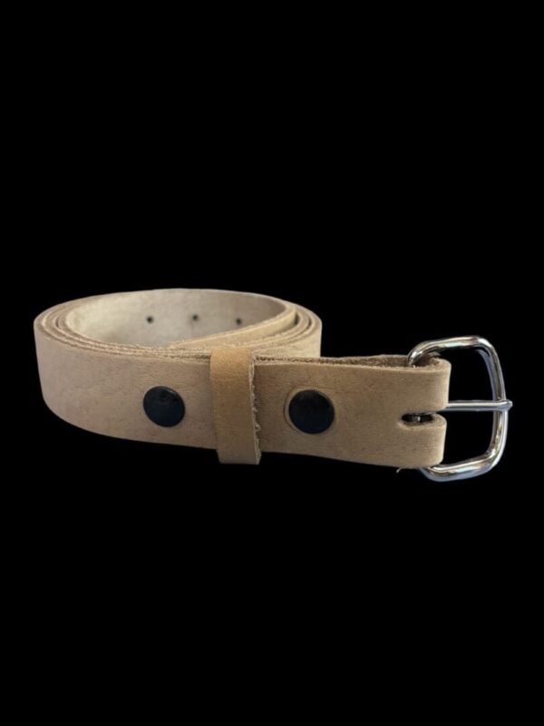 Tan leather belt with silver buckle.